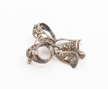 925 Sterling Silver  Vintage Bow Tied Ribbon Bell Brooch Pin (Jingles)  BP9211