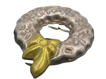 MEXICO 925 Sterling Silver  Vintage Two Tone Ribbon Wreath Brooch Pin  BP5340