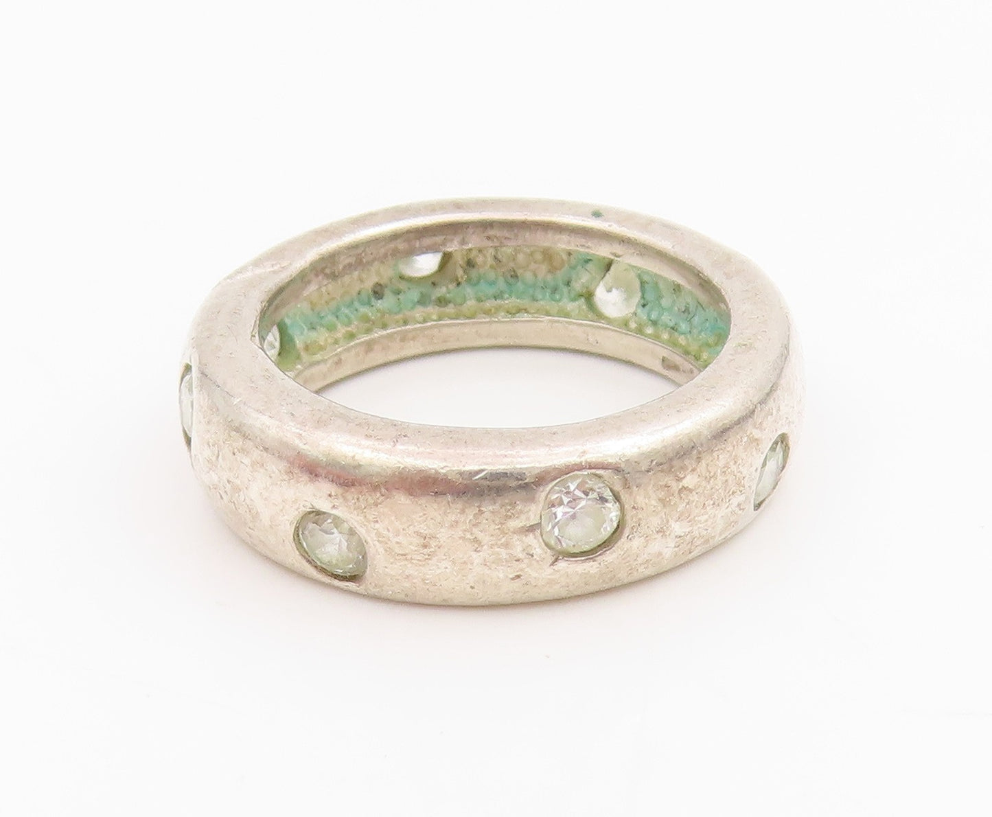 925 Sterling Silver Vintage Ring Round CZ Inset Classic Wide Band  Sz 7  RG34188