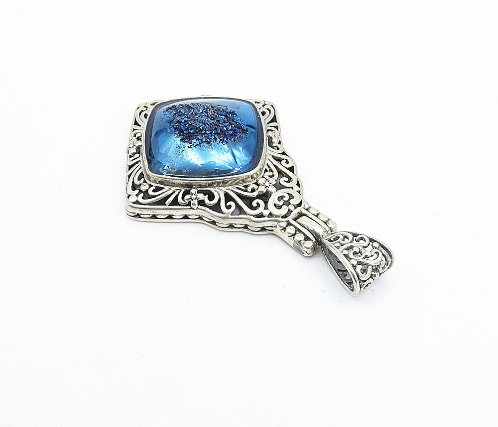 BERIA 925 Sterling Silver  Vintage Blue Druzy Floral Swirl Pendant  PT2754