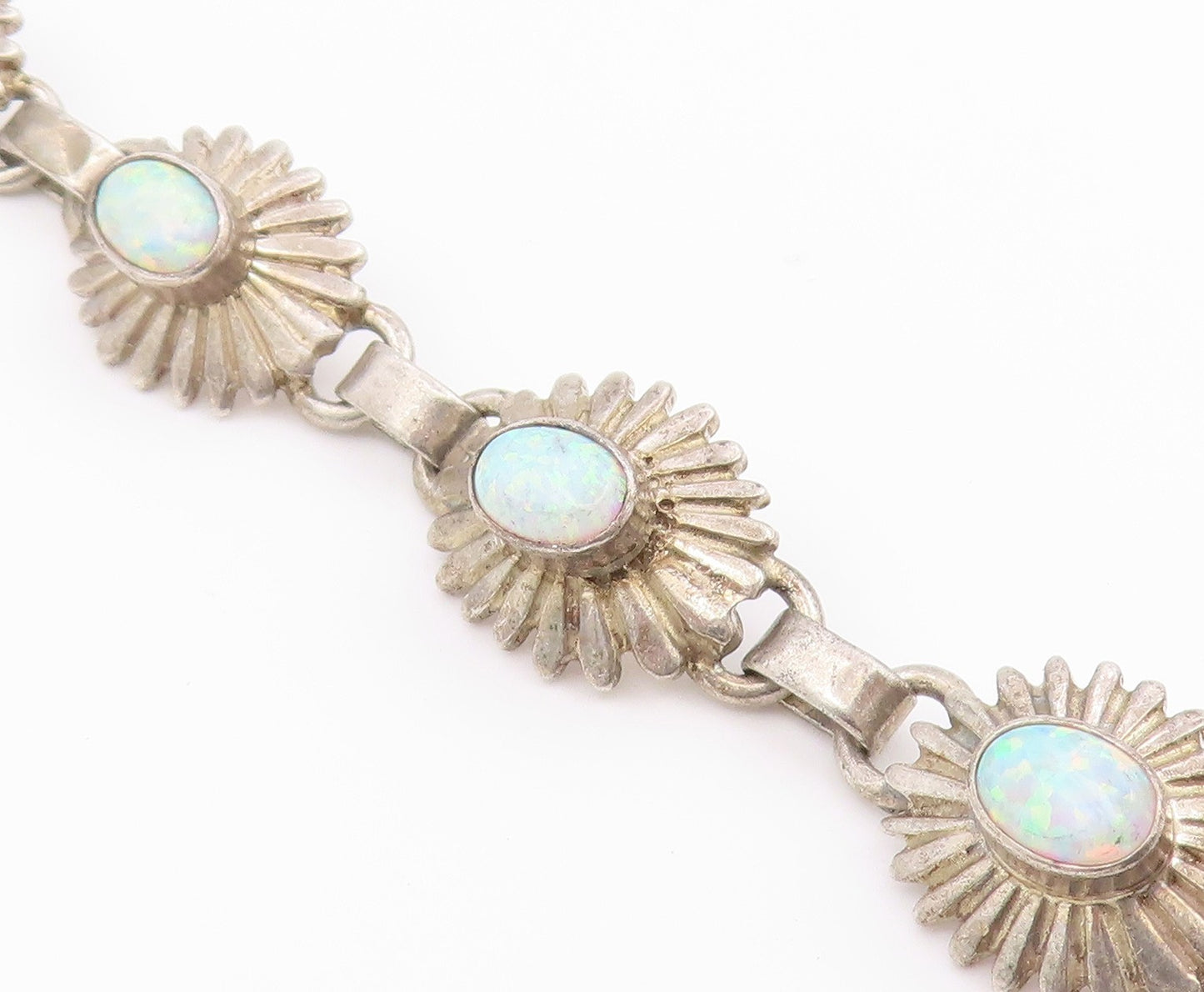 925 Sterling Silver Vintage Bracelet SOUTHWESTERN Fire Opal Floral Link  BT12177