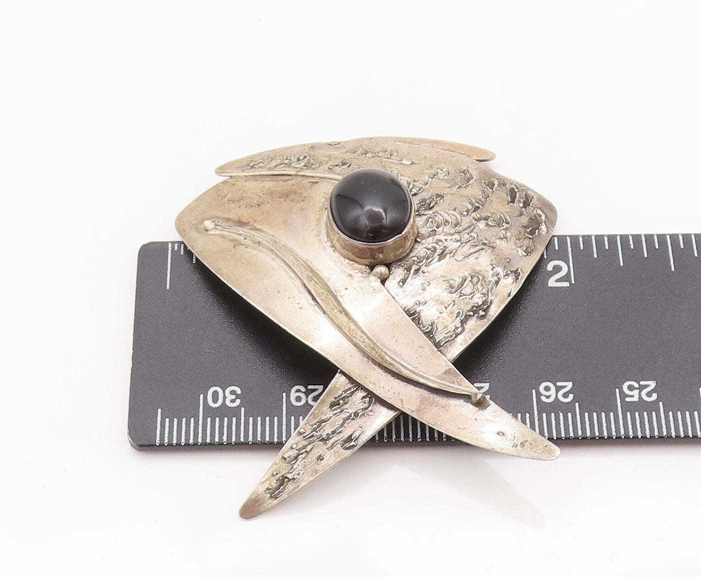 925 Sterling Silver Vintage Brooch Pin Designer Scratched Cabochon Onyx  BP10719