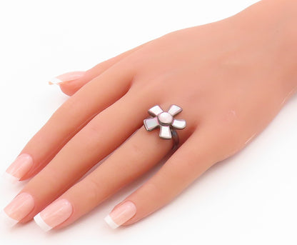 925 Sterling Silver Vintage Ring Classic Mother Of Pearl Flower  Sz 8  RG35844