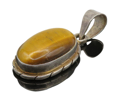 925 Sterling Silver  Vintage Cabochon Cut Tiger's Eye Oval Pendant  PT12174