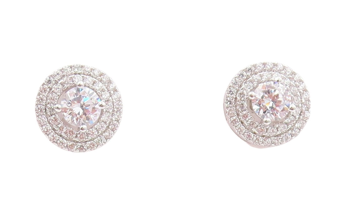 925 Sterling Silver Vintage Earrings Round CZ Halo CZ Band Design Studs  EG13595