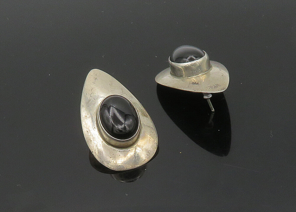 CAROL FELLEY 925 Silver  Vintage Cabochon Cut Black Onyx Drop Earrings  EG9830