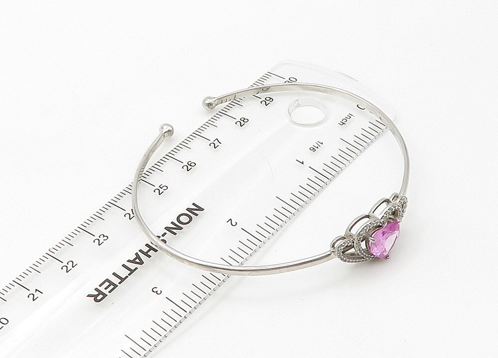 925 Silver  Vintage Genuine Diamonds & Pink Topaz Heart Cuff Bracelet  BT8541