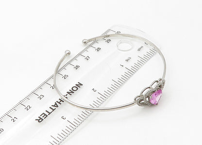 925 Silver  Vintage Genuine Diamonds & Pink Topaz Heart Cuff Bracelet  BT8541