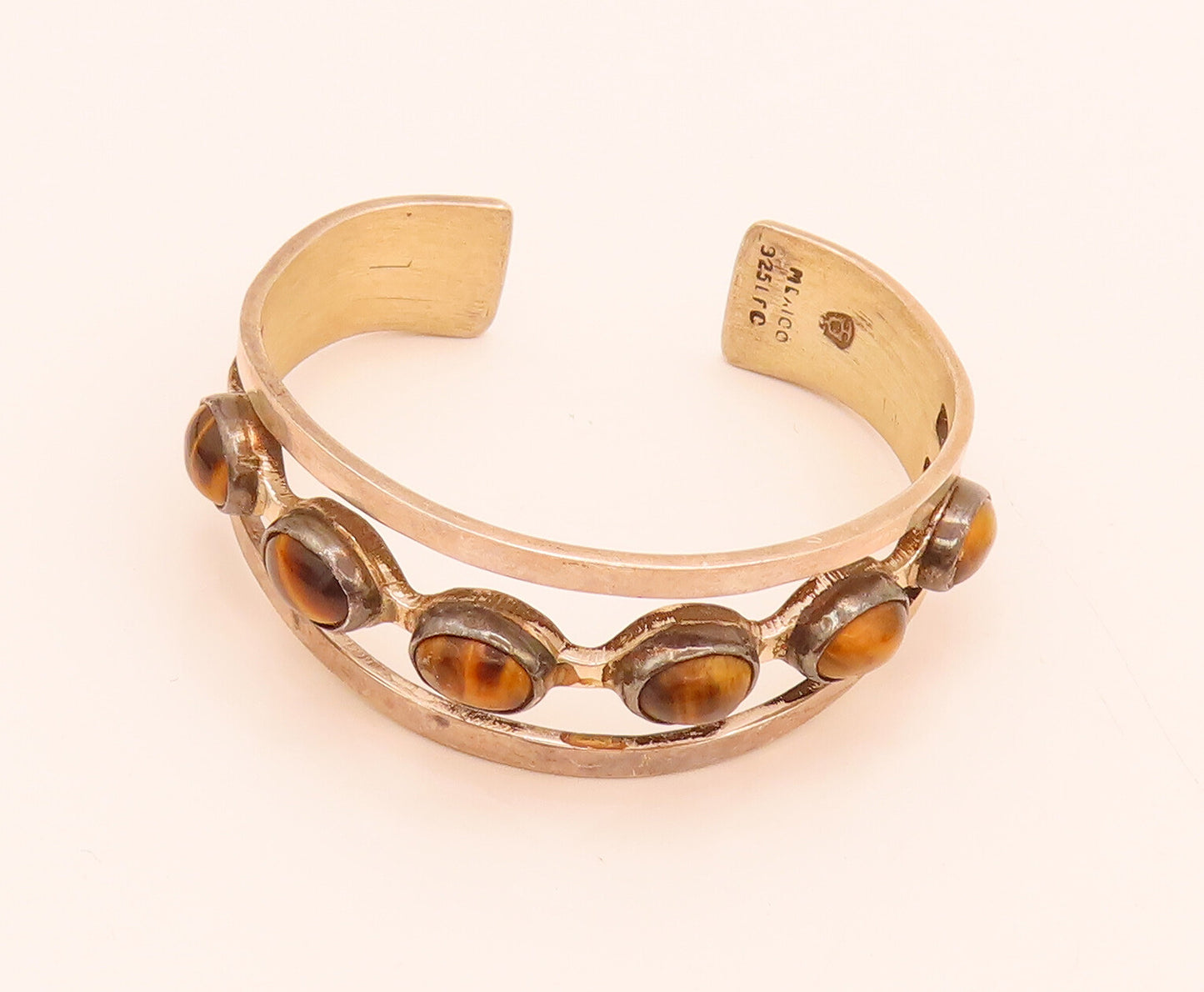 MEXICO 925 Silver  Vintage Tiger's Eye Beaded Spilt Cuff Bracelet  BT10035