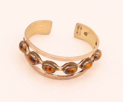 MEXICO 925 Silver  Vintage Tiger's Eye Beaded Spilt Cuff Bracelet  BT10035