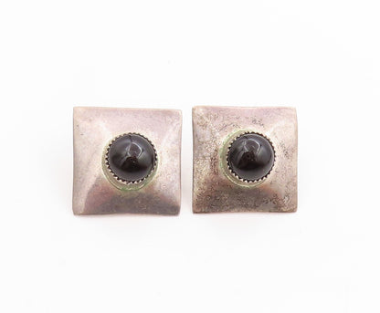 925 Sterling Silver Vintage Earrings Round Onyx Geometric Design Studs  EG13706