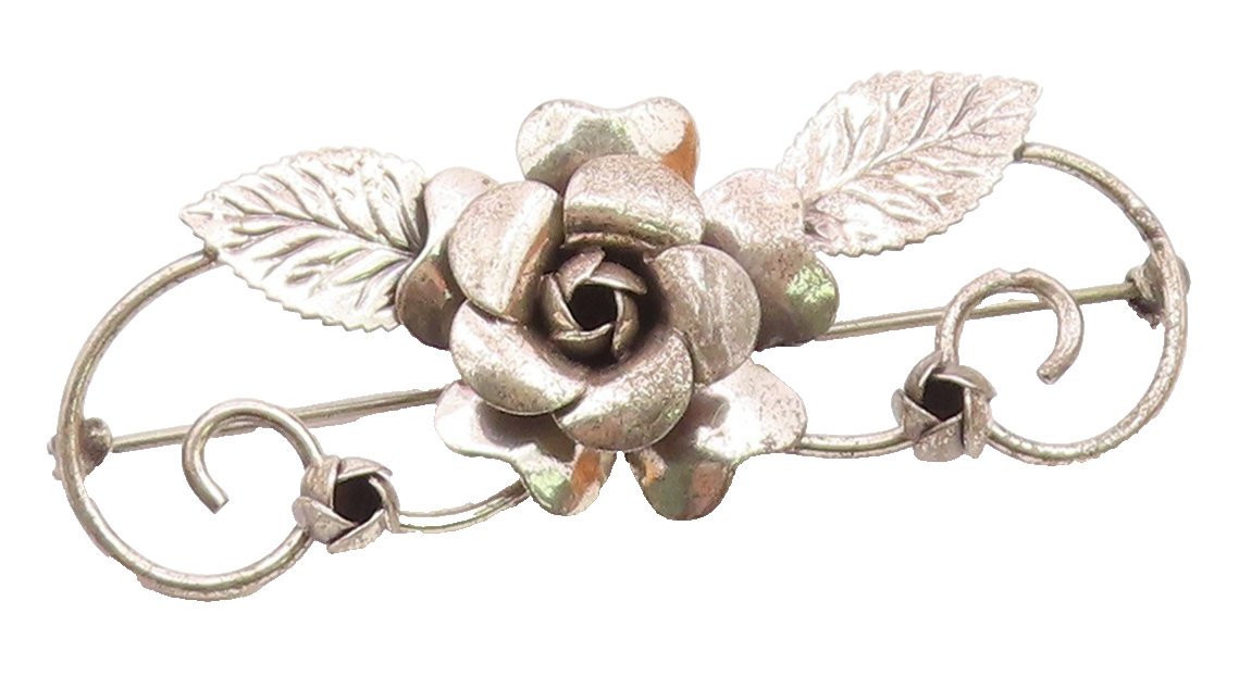 LANG 925 Sterling Silver Vintage Rose Flower Swirl Vine Motif Brooch Pin BP3873