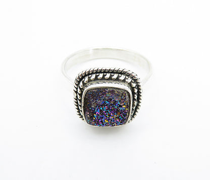 925 Sterling Silver  Druzy Twist Border Shiny Cocktail Ring Sz 8  RG7892