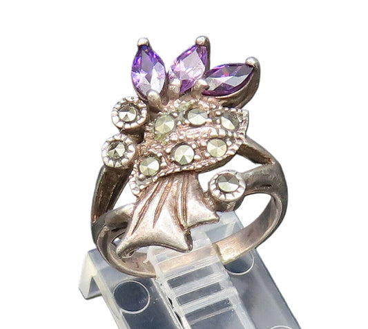 925 Silver  Vintage Amethyst & Marcasite Floral Bouquet Ring Sz 6  RG24779