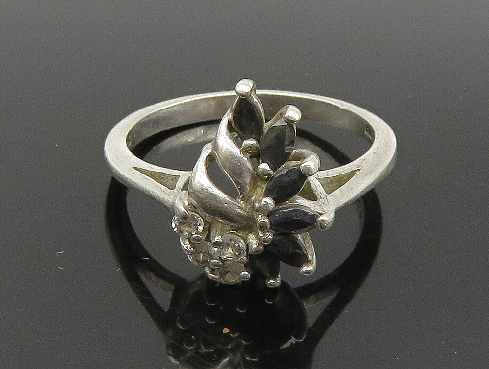 925 Silver  Vintage Sapphire & Cubic Zirconia Floral Ring Sz 8.5  RG24200