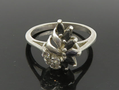 925 Silver  Vintage Sapphire & Cubic Zirconia Floral Ring Sz 8.5  RG24200