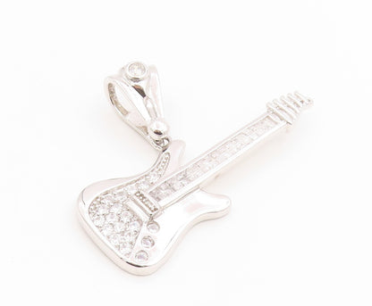 925 Sterling Silver Vintage Pendant CZ Modernist Musical Electric Guitar PT26093