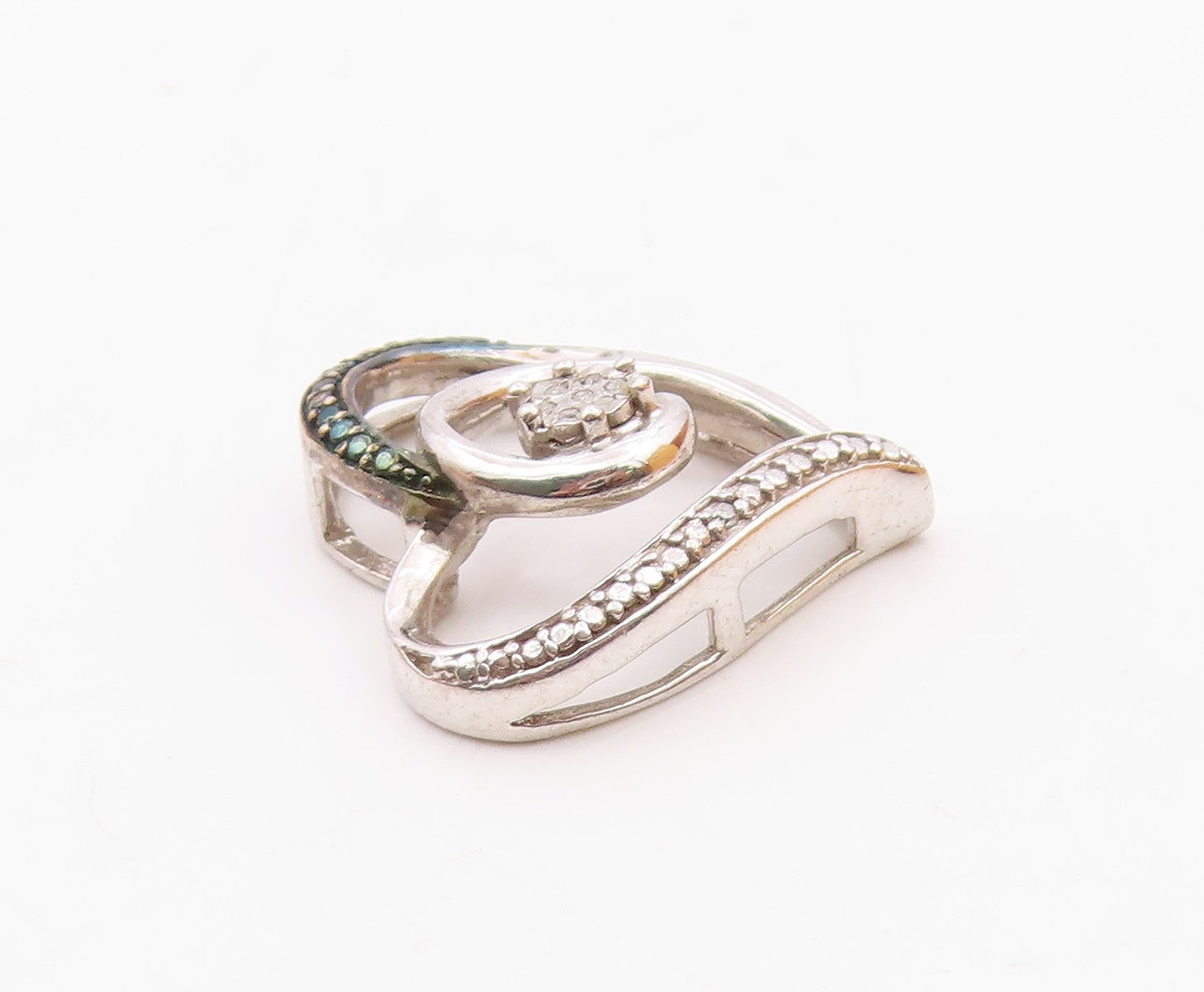 925 Sterling Silver Vintage Genuine Diamonds Two Tone Heart Pendant PT17762