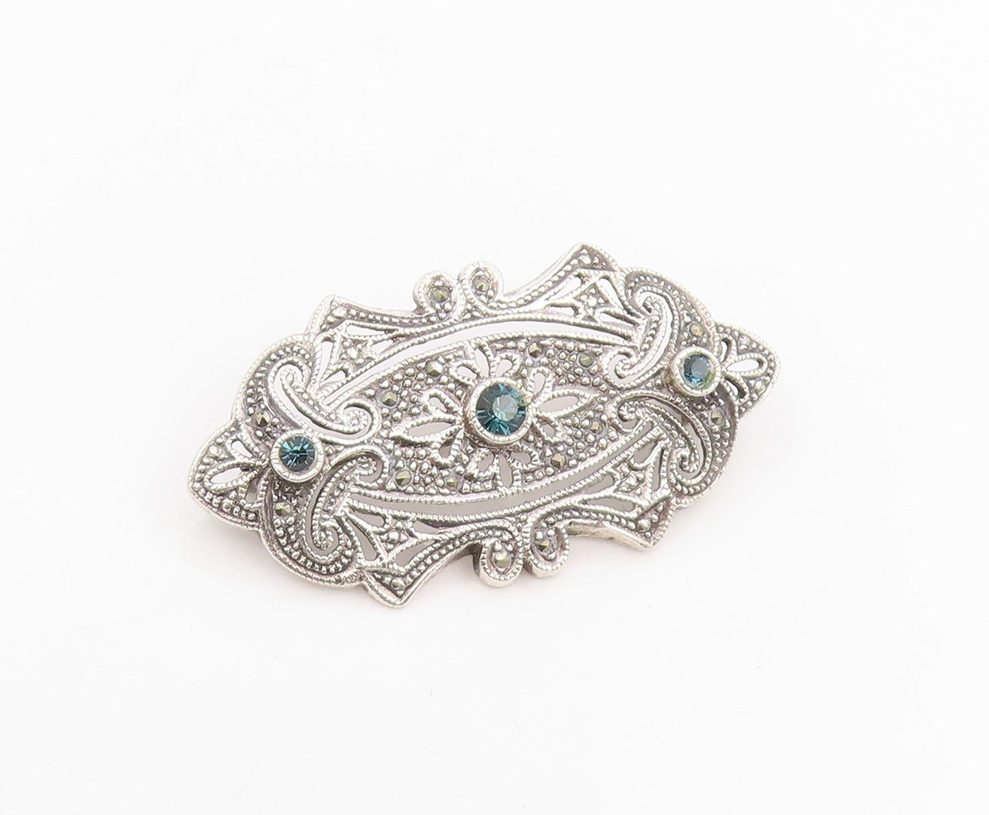 925 Sterling Silver Vintage Brooch Blue Topaz Intricate Openwork Pin  BP12416