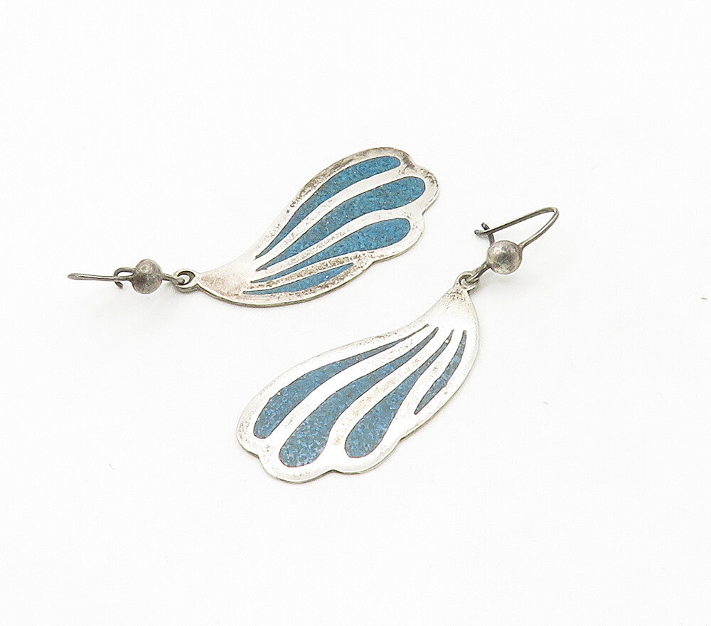 MEXICO 925 Sterling Silver  Vintage Inlaid Turquoise Dangle Earrings  EG7981