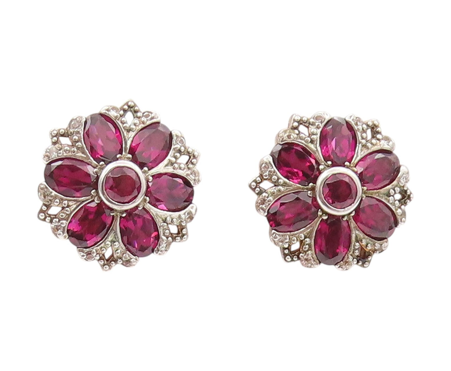 925 Sterling Silver Vintage Earrings Oval Cut Amethyst & CZ Flower EG13392