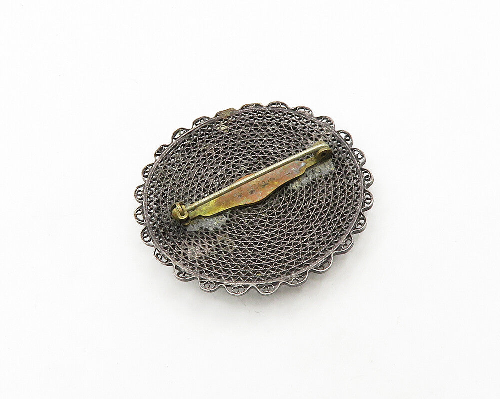 ISRAEL 925 Silver  Vintage Antique Turquoise Floral Pattern Brooch Pin  BP7687