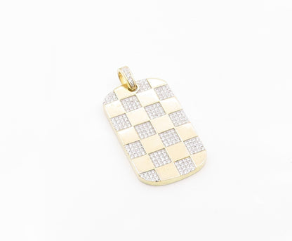 925 Sterling Silver  Shiny Cubic Zirconia Checkered Dog Tag Pendant  PT11125