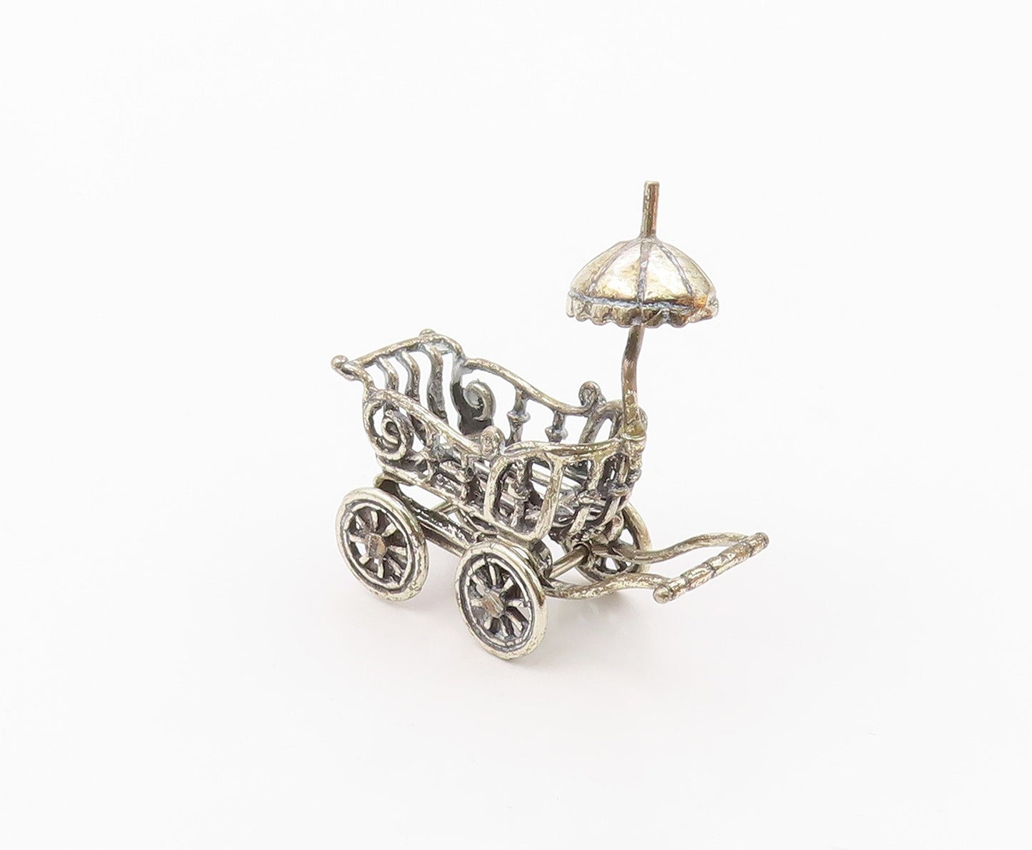 925 Sterling Silver  Vintage Shiny Old Fashioned Baby Carriage Trinket  TR1823