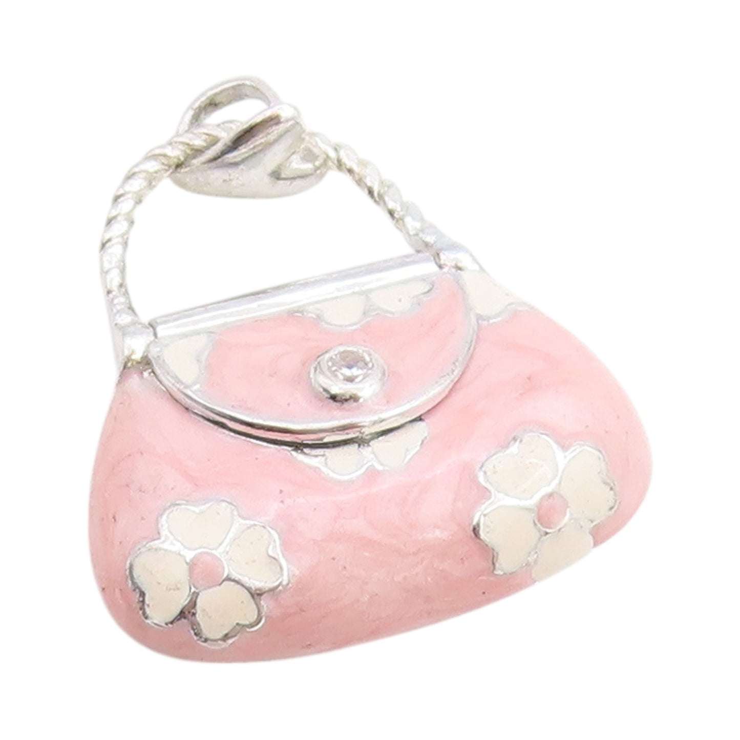 925 Sterling Silver Vintage Pendant Flowers Enameled CZ Handbag  PT24564