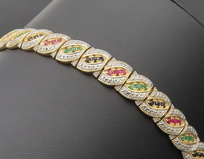 925 Silver  Vintage Gold Plated Ruby & Emerald & Sapphire CZ Bracelet  BT10124
