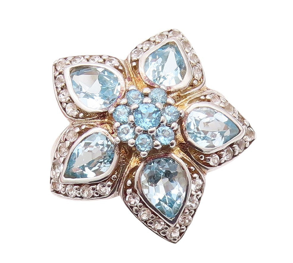 925 Sterling Silver Vintage Ring White & Blue Topaz Flower  Sz 7  RG29943