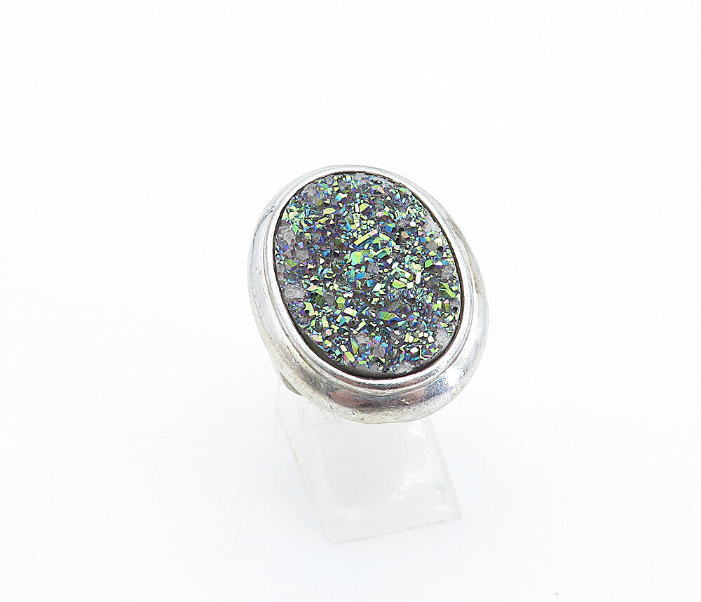 925 Sterling Silver  Vintage Rainbow Druzy Stone Cocktail Ring Sz 7  RG4268