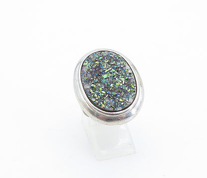 925 Sterling Silver  Vintage Rainbow Druzy Stone Cocktail Ring Sz 7  RG4268