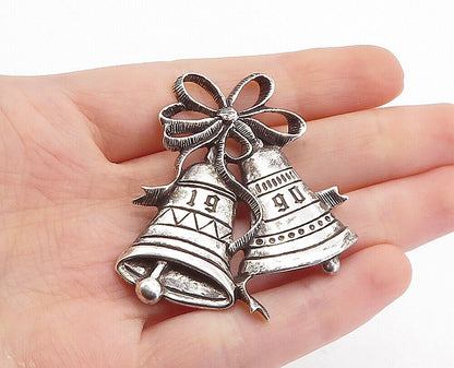 925 Sterling Silver  Vintage Oxidized 1990 Christmas Bells Drop Pendant PT4770