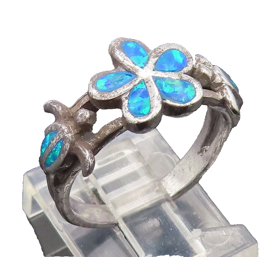 925 Silver  Vintage Fire Opal Flower & Turtles Split Band Ring Sz 7  RG27123