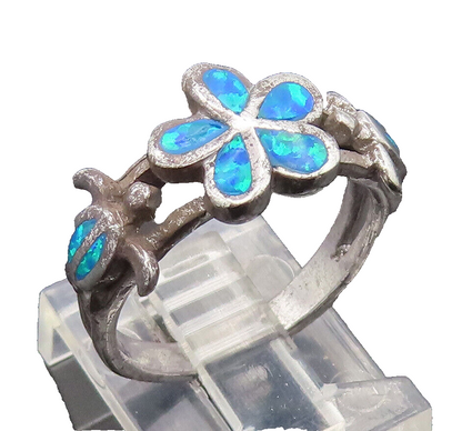925 Silver  Vintage Fire Opal Flower & Turtles Split Band Ring Sz 7  RG27123