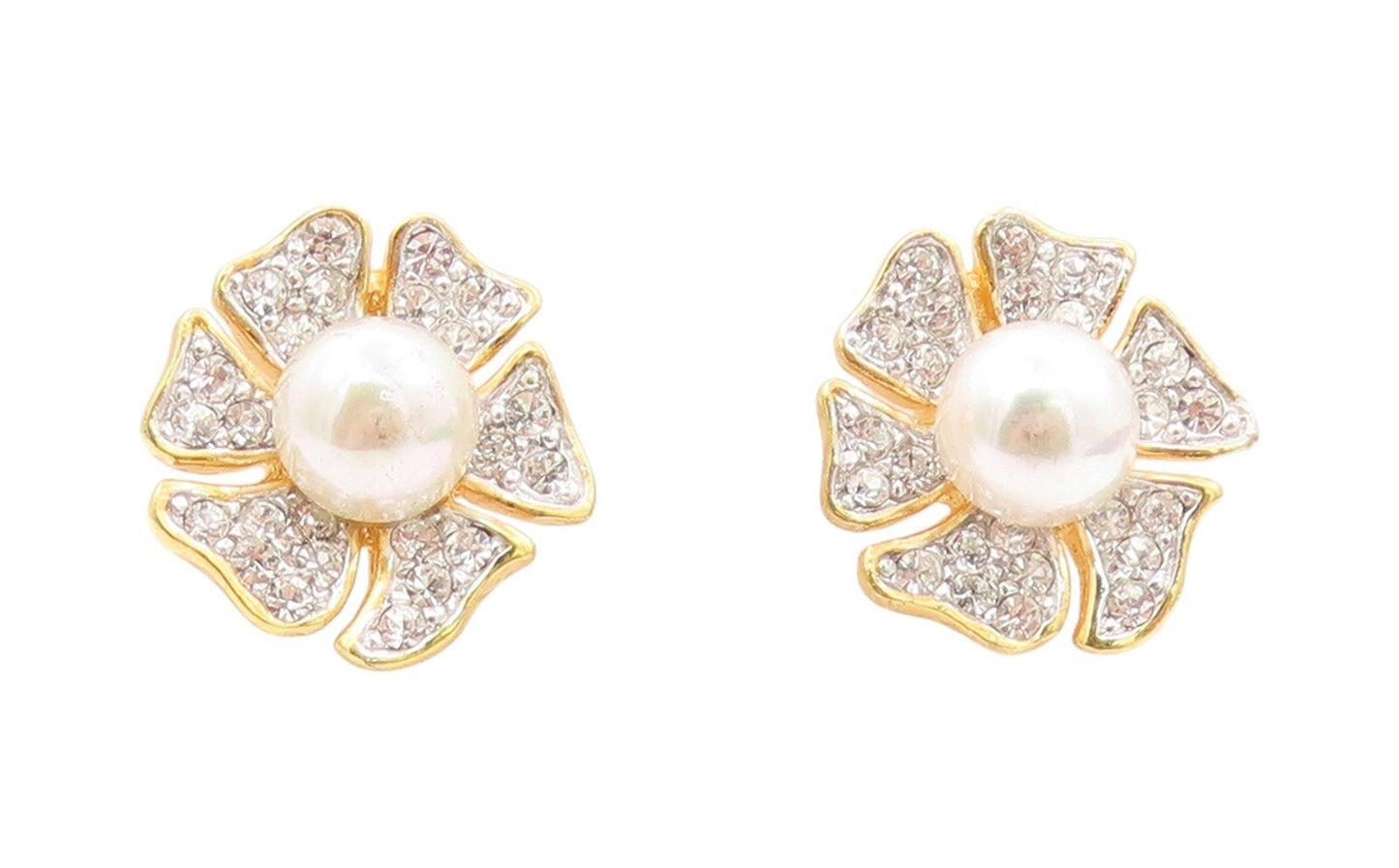 925 Sterling Silver Vintage Earrings Gold Plated Pearl & CZ Inlay Flower EG13316