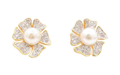 925 Sterling Silver Vintage Earrings Gold Plated Pearl & CZ Inlay Flower EG13316