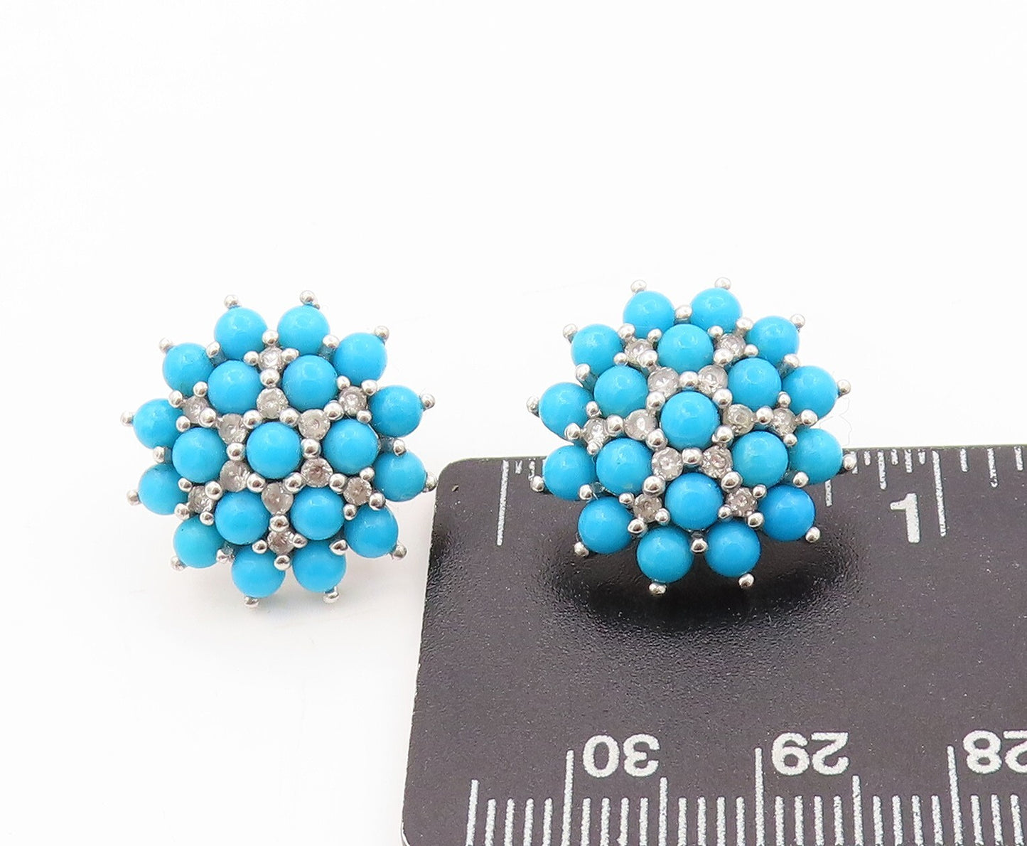 925 Sterling Silver Vintage Earrings Cabochon Larimar & CZ Flower  EG13389