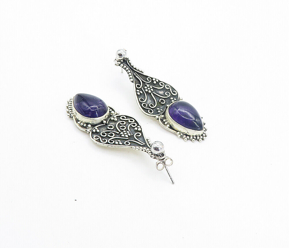 925 Sterling Silver  Vintage Amethyst Oxidized Swirl Drop Earrings  EG3069