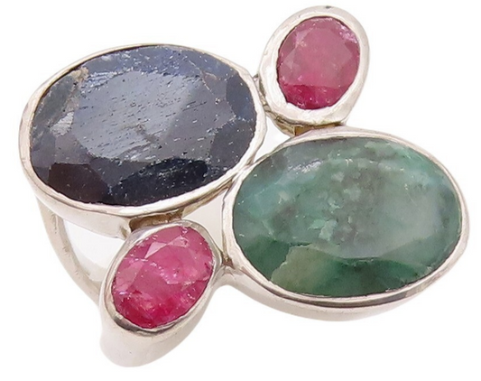 925 Sterling Silver Vintage Ring Oval Cut Multi Color Gemstones  Sz 7 RG30007