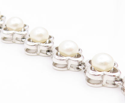 925 Sterling Silver Vintage Necklace White Pearl Elegant Floral Chain  NE4811