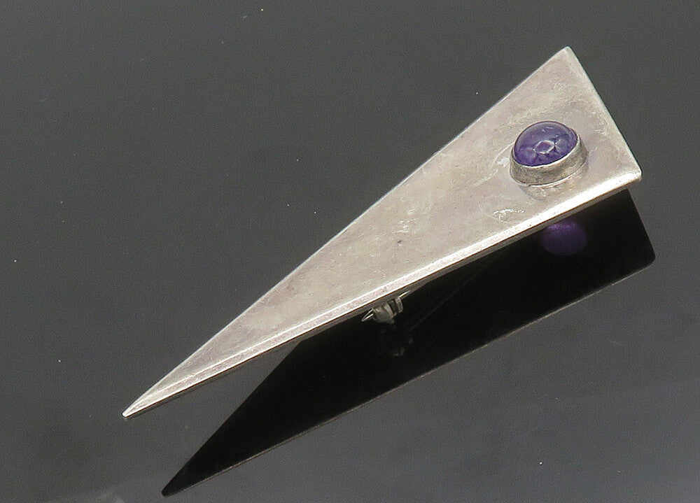 925 Sterling Silver  Vintage Cabochon Cut Amethyst Modernist Brooch Pin BP7842