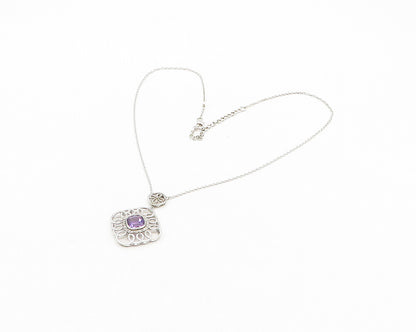 925 Sterling Silver  Amethyst Floral Swirl Pendant Shiny Chain Necklace NE3157