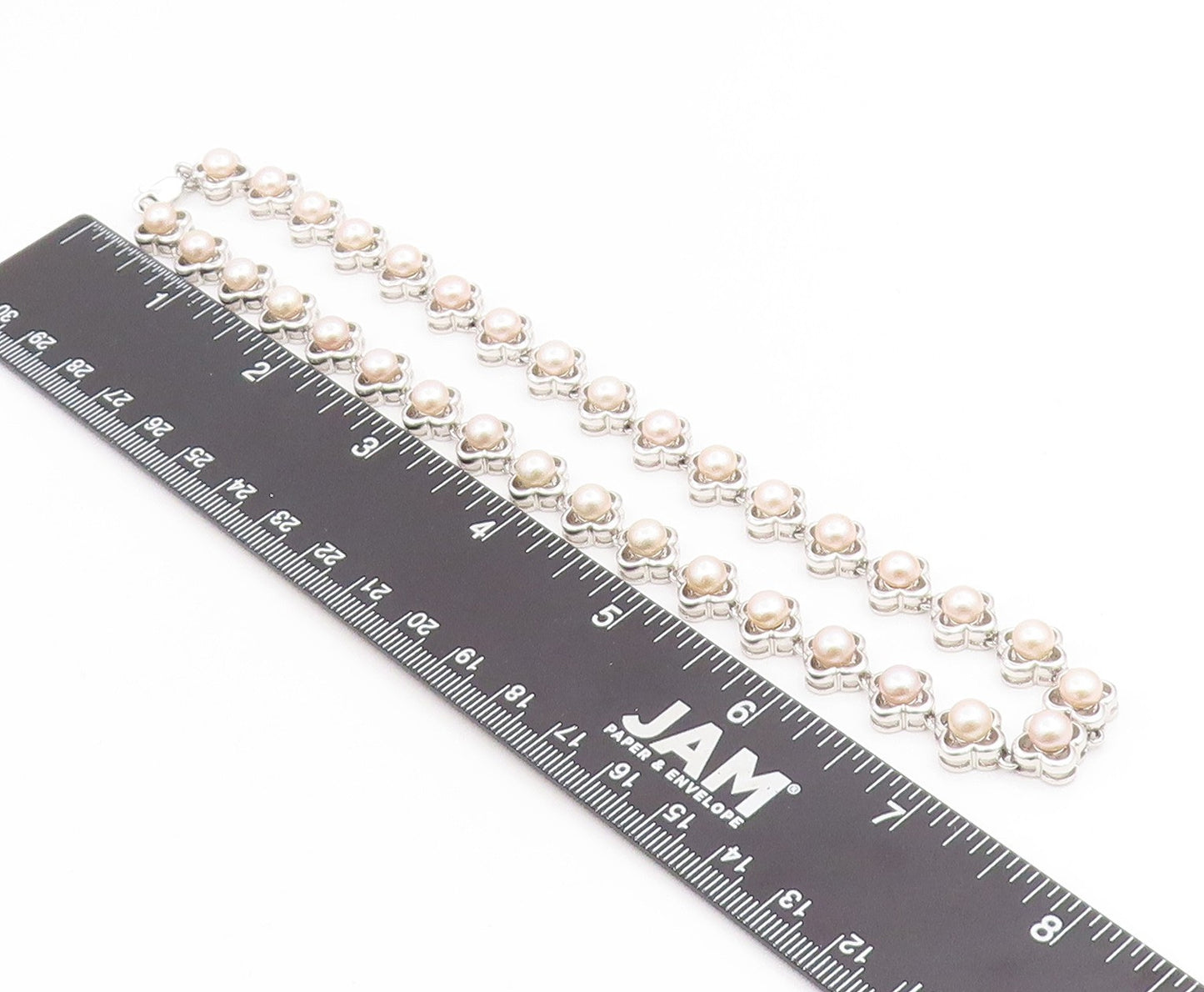 925 Sterling Silver Vintage Necklace Round Pearl Elegant Floral Chain  NE4810