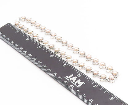 925 Sterling Silver Vintage Necklace Round Pearl Elegant Floral Chain  NE4810