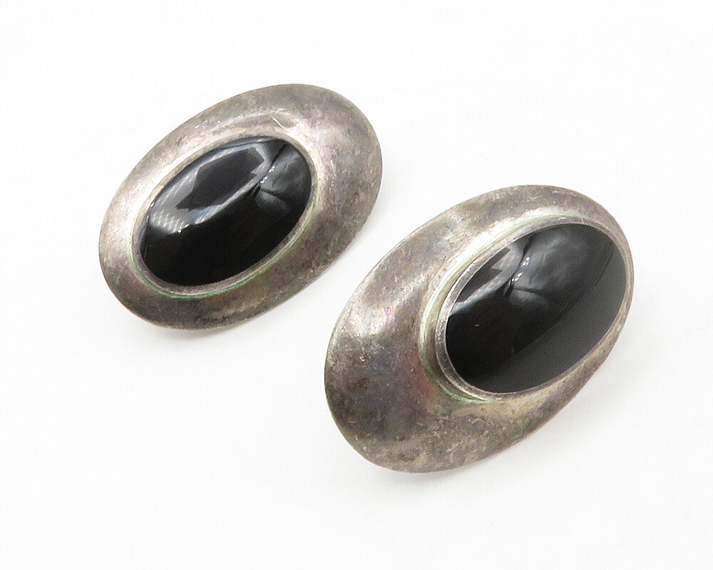 925 Sterling Silver  Vintage Black Onyx Oval Dark Tone Drop Earrings  EG6942