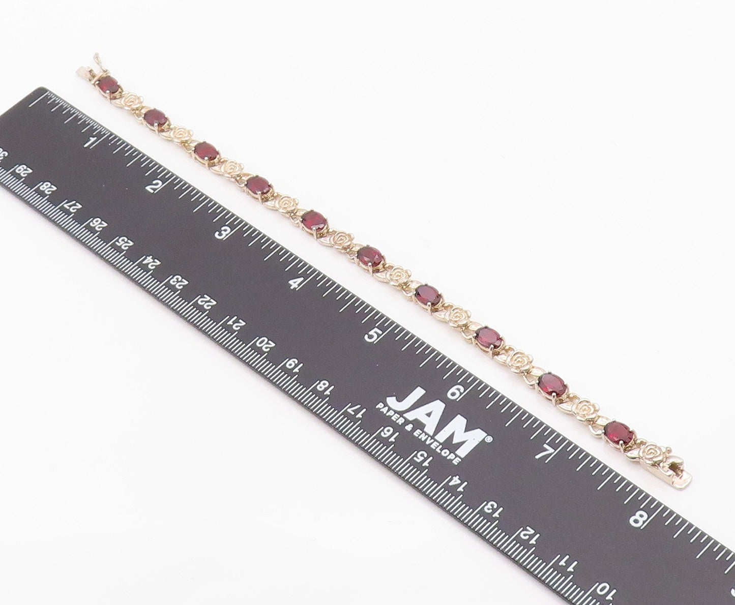 925 Sterling Silver Vintage Bracelet Elegant Garnet Carved Rose Link  BT12123