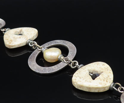 925 Silver  Vintage Mother Of Pearl Black Spinel & Agate Chain Bracelet BT9675