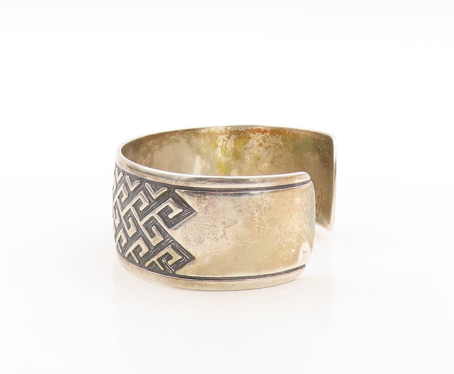 925 Sterling Silver Vintage Bracelet Solid Broad Band Maze Key Carved  BT10920